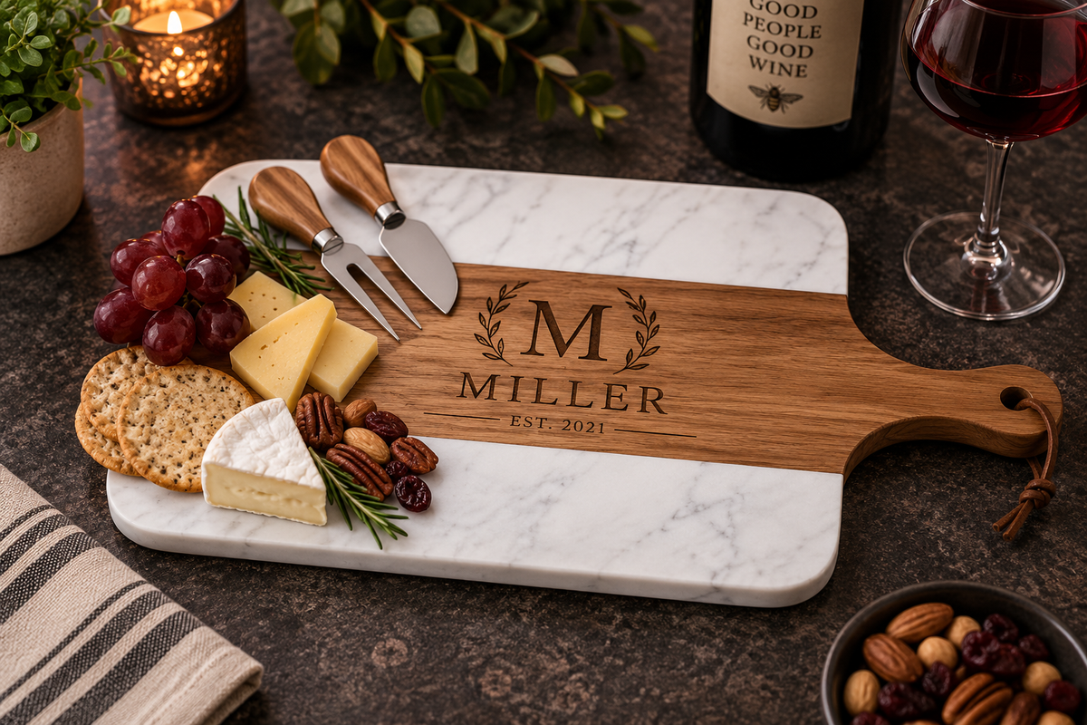 Personalized Marble & Acacia Serving Board