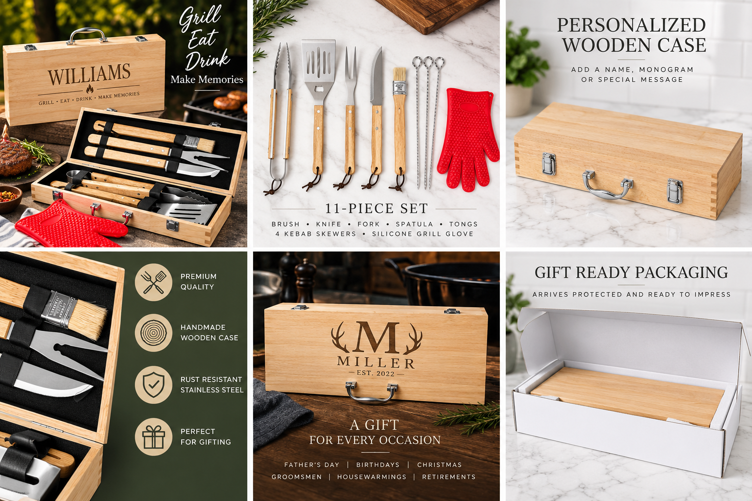 Personalized BBQ Grill Tool Set with Wooden Case