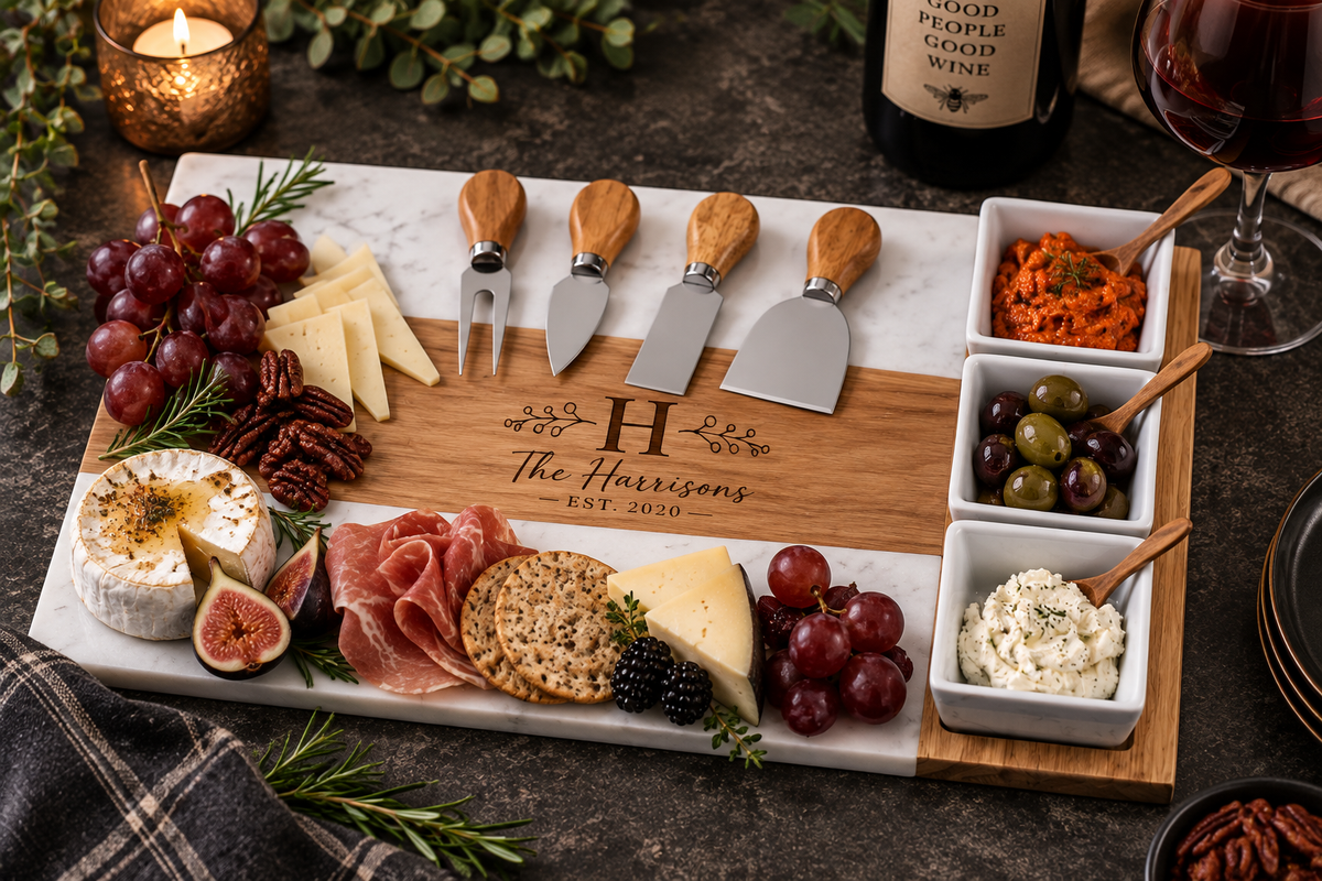 Personalized Marble and Acacia Charcuterie Board set