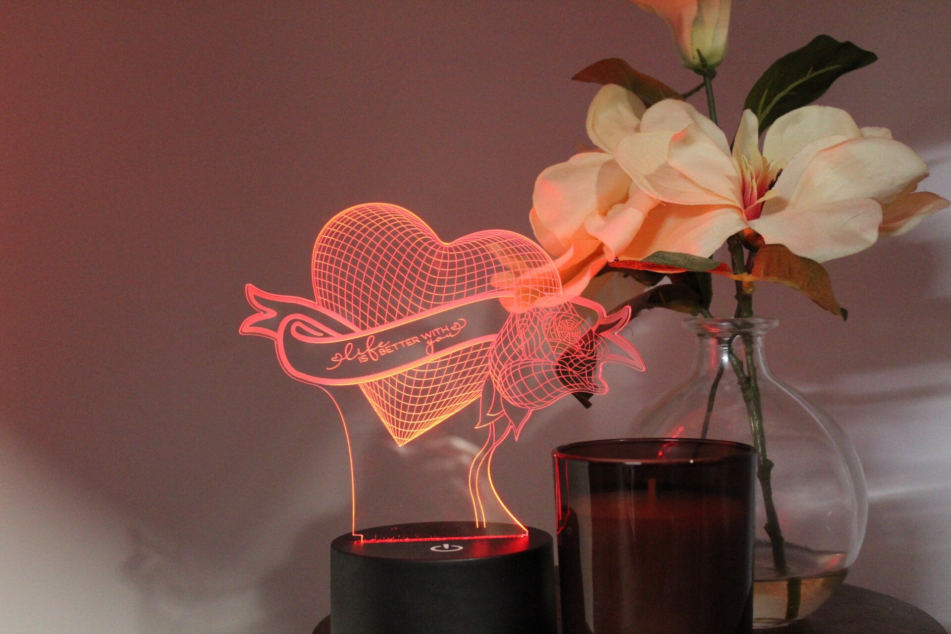 Valentine Heart and rose LED light Personalized, valentines gift, anniversary gift. engagement,valentine gift for him,boyfriend,gift for her