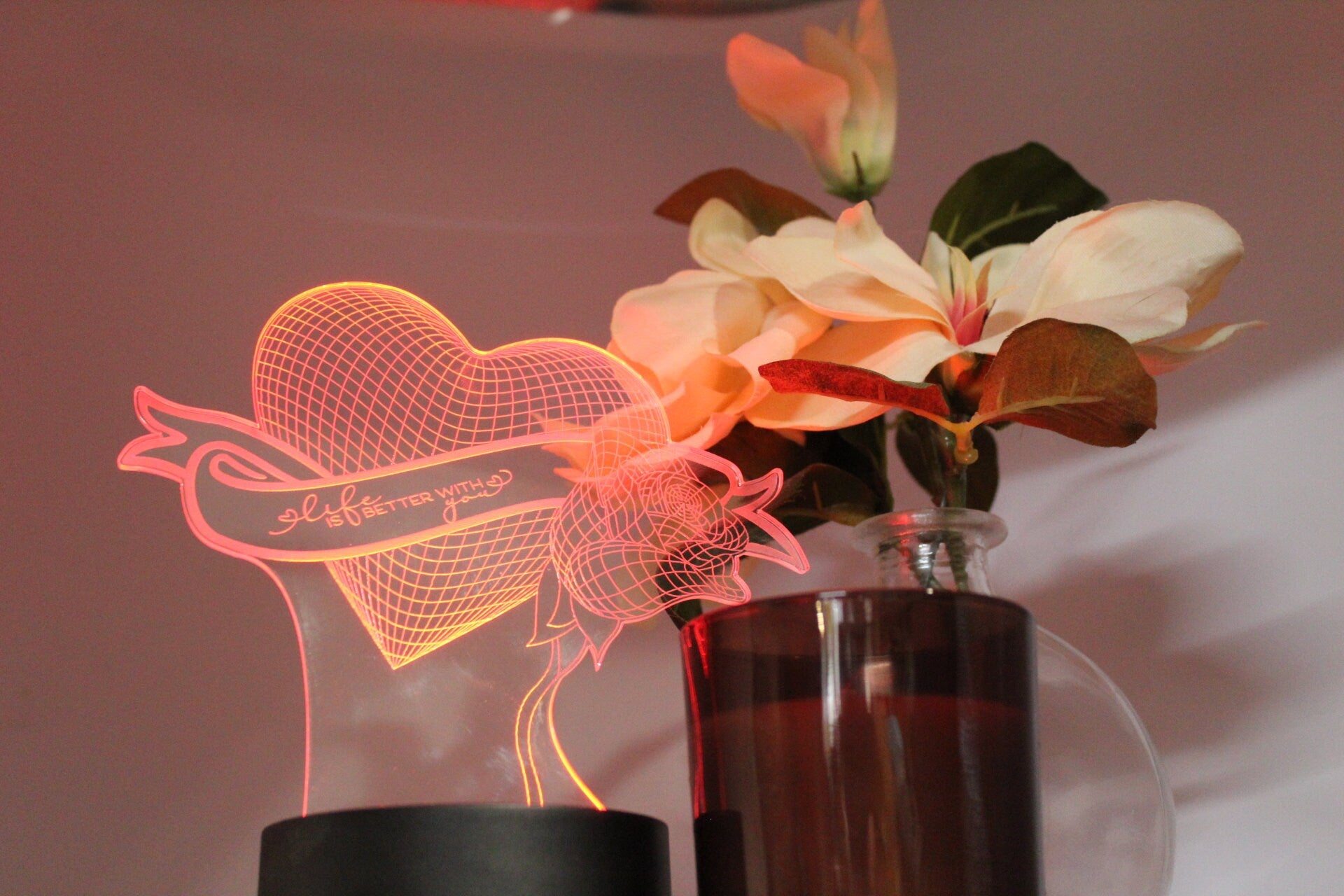 Valentine Heart and rose LED light Personalized, valentines gift, anniversary gift. engagement,valentine gift for him,boyfriend,gift for her